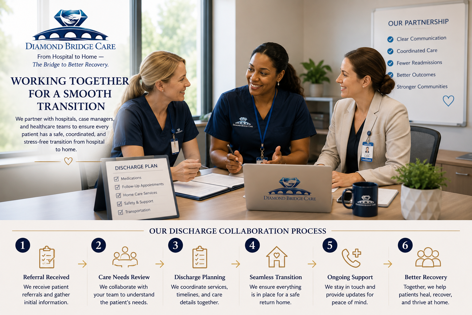 Diamond Bridge Care — working together for a smooth transition: our six-step discharge collaboration process with hospital case managers and healthcare teams.