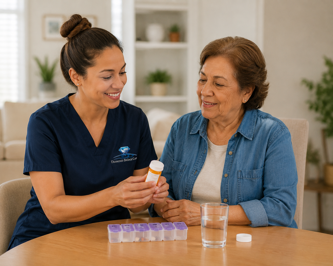 Diamond Bridge Care caregiver reviewing medication with an older adult client at home.
