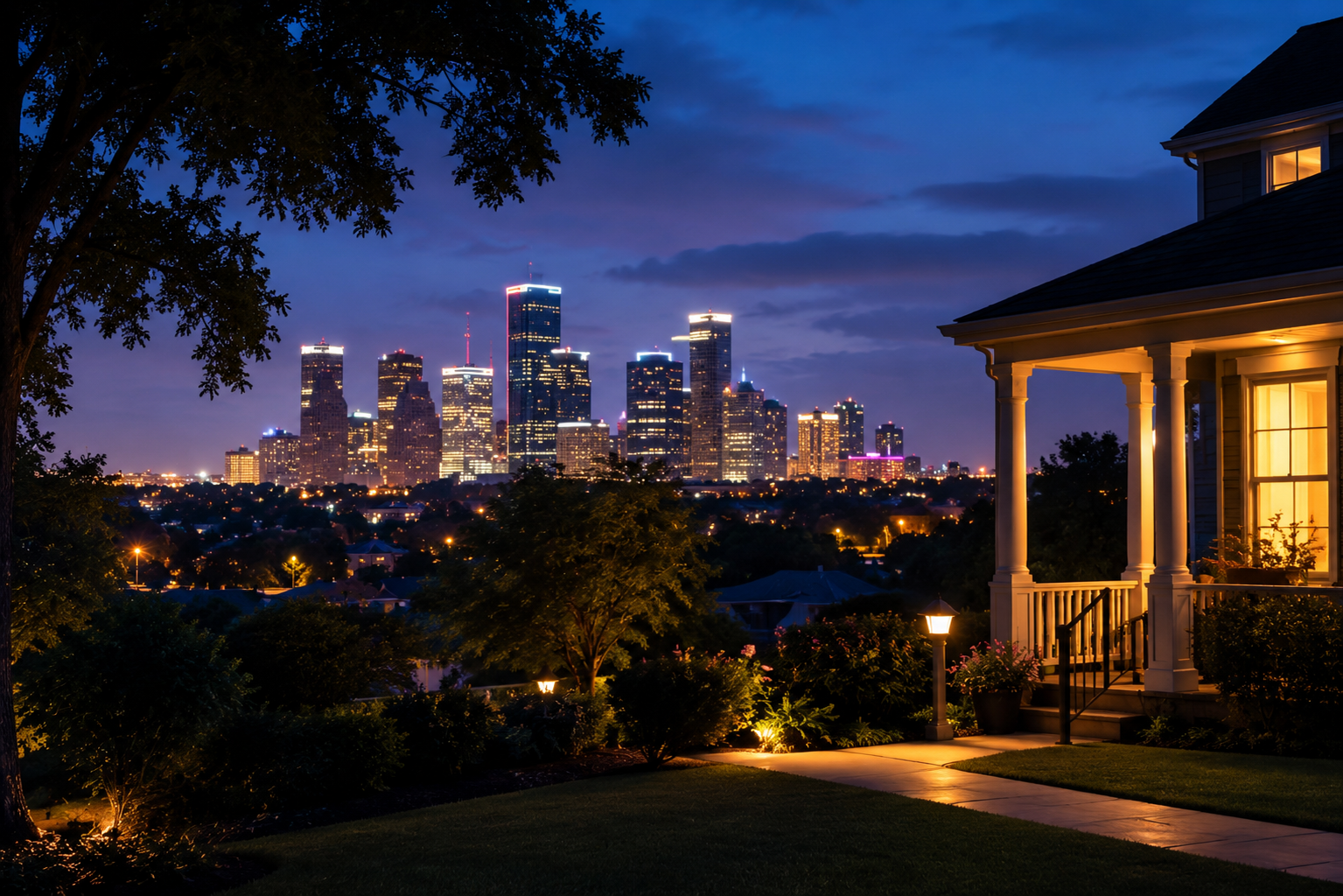 Houston skyline at dusk seen from the front porch of a warmly lit home