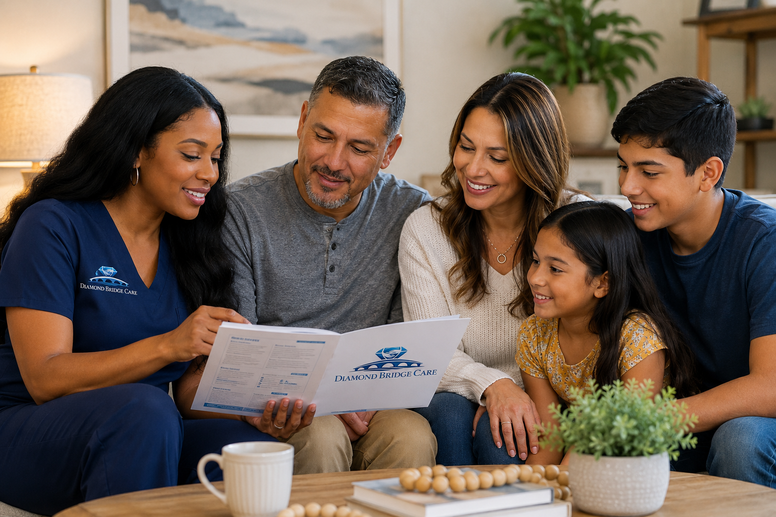 Diamond Bridge Care caregiver reviewing a care plan with a family at home