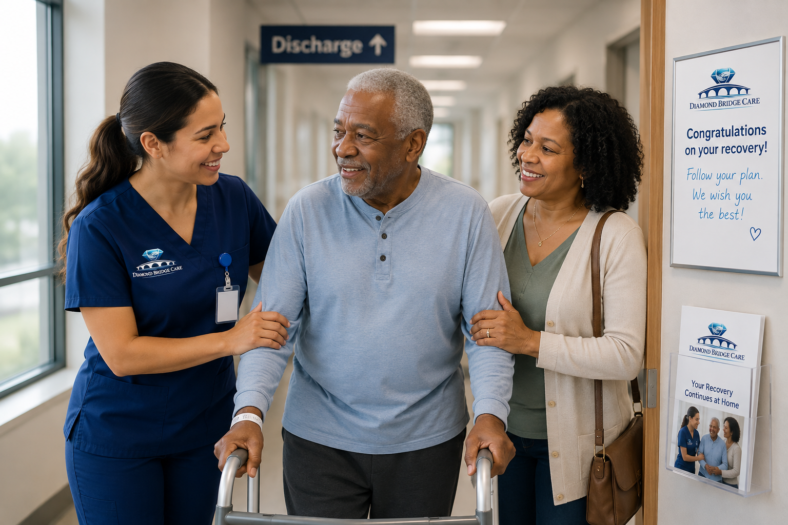 Caregiver walking a recovering patient home from hospital discharge