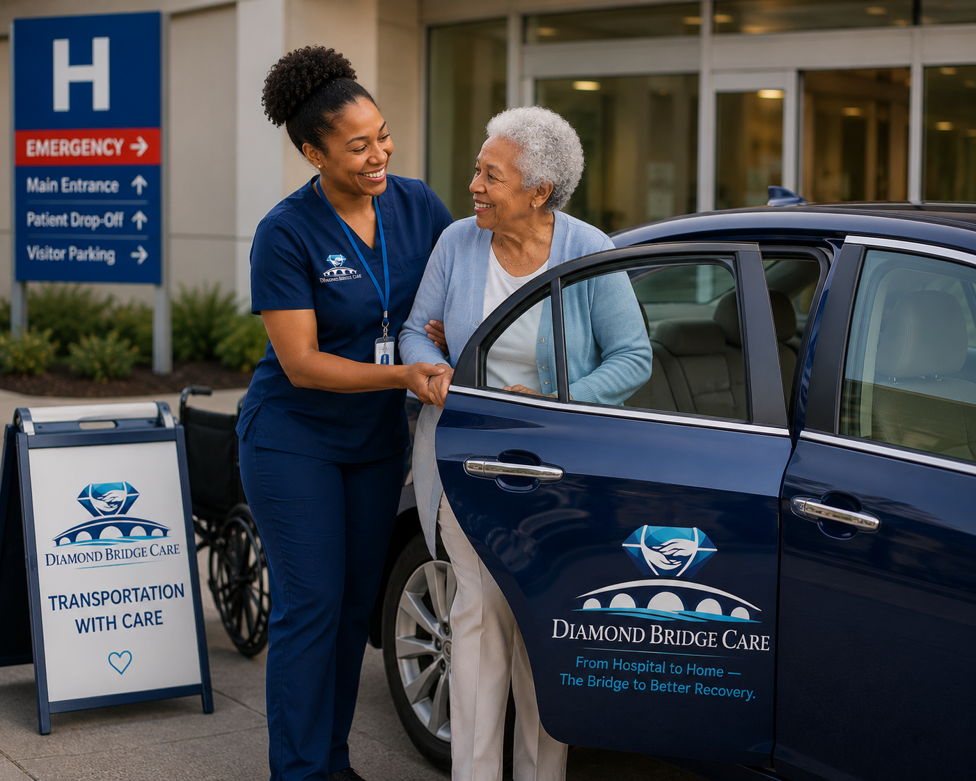 Diamond Bridge Care caregiver helping an older client into a car outside a hospital entrance.