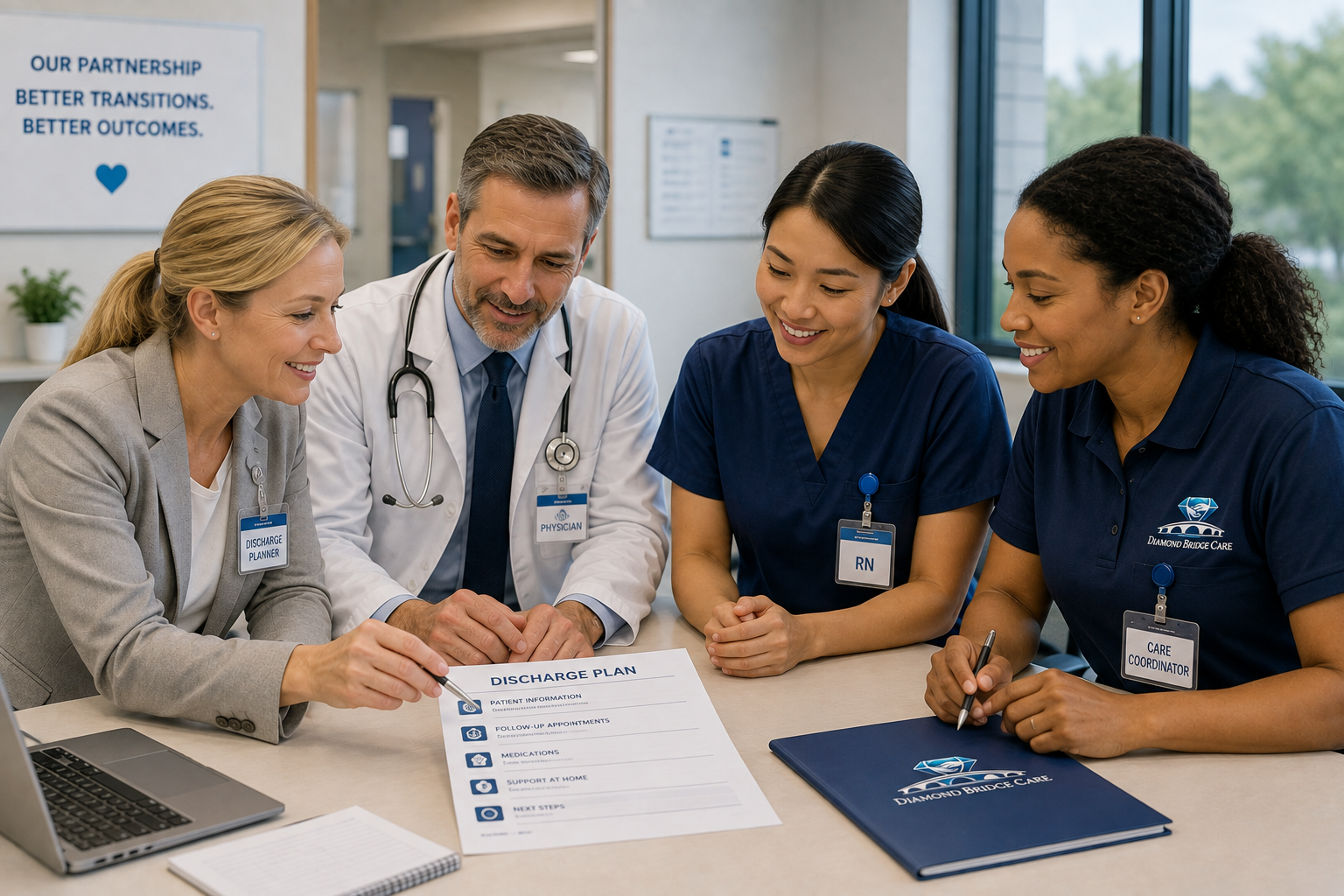 A discharge planner, physician, RN, and Diamond Bridge Care coordinator reviewing a discharge plan together